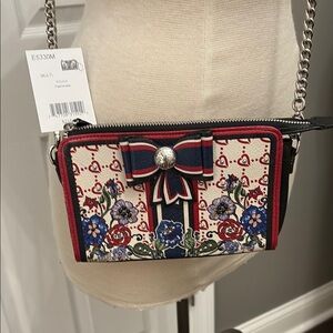 Red and Blue Floral Crossbody Bag with Silver Chain